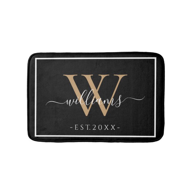Tapis De Bain Monogram Chic Gold Script Names Wedding Date Black (Devant)