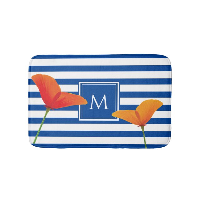 Tapis De Bain Monogramme à rayures bleu chic (Devant)