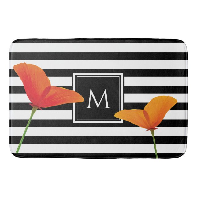 Tapis De Bain Monogramme à rayures noires chic (Devant)