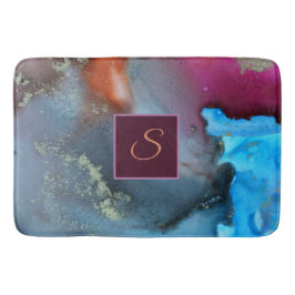 Tapis De Bain Monogramme Abstrait bleu orange rouge ondulé