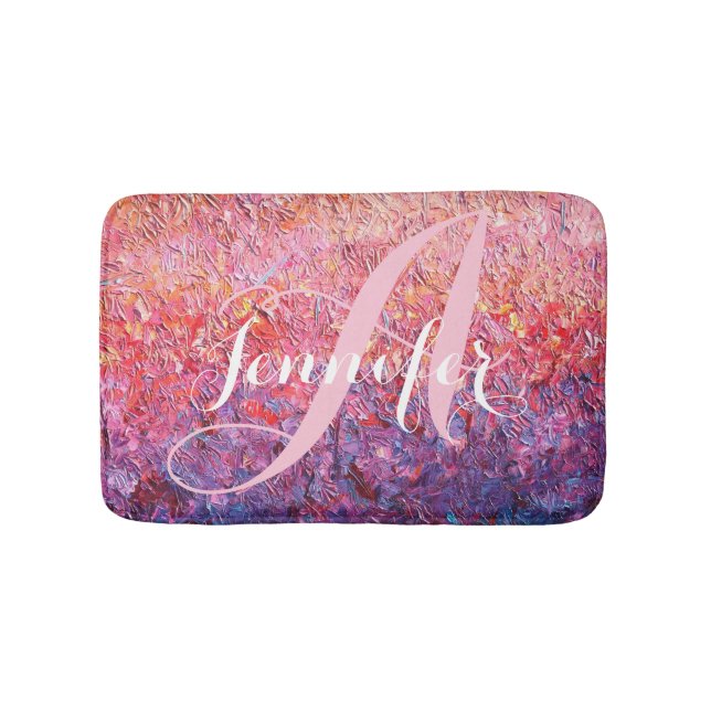 Tapis De Bain Monogramme Abstrait Pink violet nom initial (Devant)