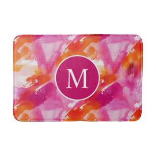 Tapis De Bain Monogramme Aquarelle rose orange Abstrait