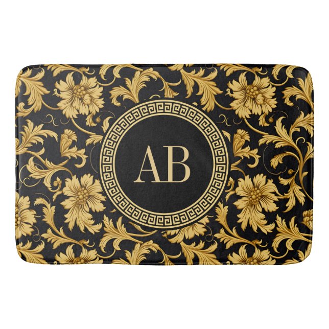 Tapis De Bain Monogramme Black Gold Classy Élégant Motif (Devant)