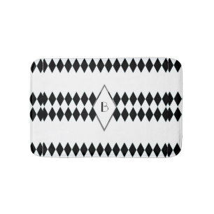 Tapis De Bain Monogramme blanc noir de motif de harlequin
