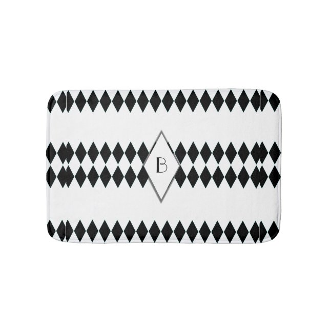 Tapis De Bain Monogramme blanc noir de motif de harlequin (Devant)