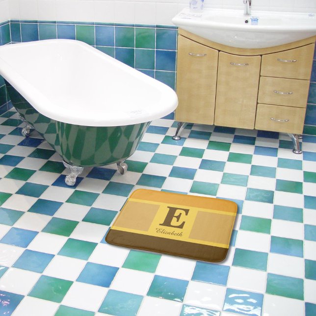 Tapis De Bain Monogramme Brown Jaune Élégant (A unique monogramed bath mat to add a touch of luxury to bath time.)