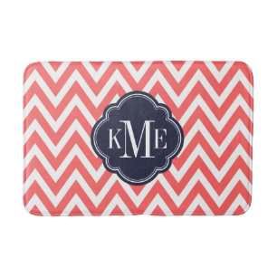 Tapis De Bain Monogramme Chevron Coral et Navy