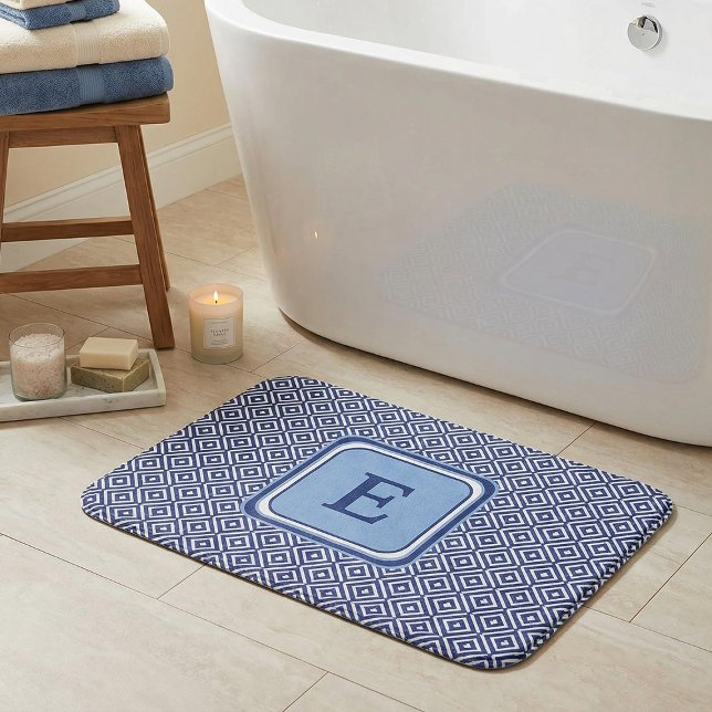 Tapis De Bain Monogramme Chevron Géométrique Bleu Marine (Créateur téléchargé)