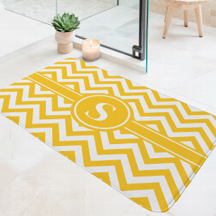 Tapis De Bain Monogramme Chevron Jaune Et Blanc