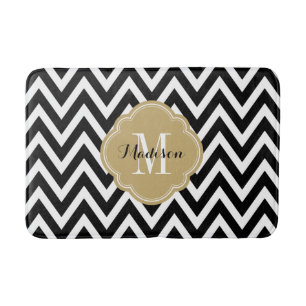Tapis De Bain Monogramme Chevron noir et or
