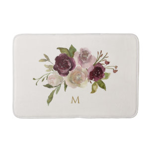Tapis De Bain Monogramme d'aquarelle florale rose-bourgogne mode
