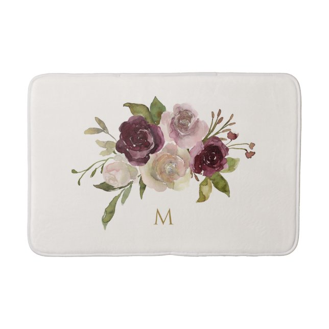 Tapis De Bain Monogramme d'aquarelle florale rose-bourgogne mode (Devant)