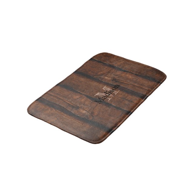 Tapis De Bain Monogramme de bois ancien brun foncé rustique (Angle)