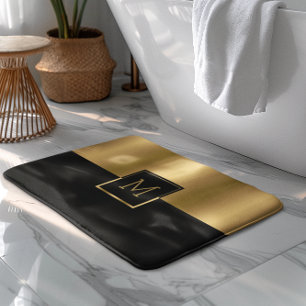 Tapis De Bain Monogramme de conception géométrique or et noir