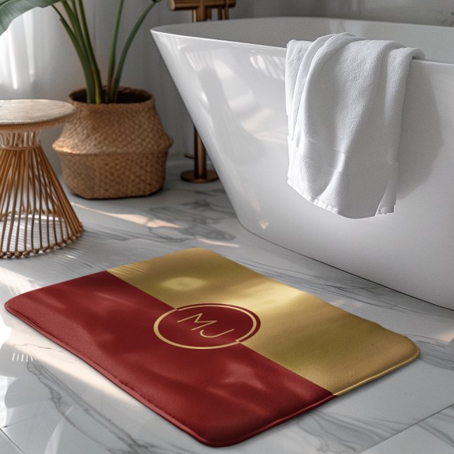 Tapis De Bain Monogramme de conception géométrique rouge or (Créateur téléchargé)