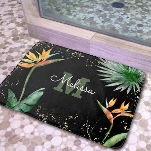 Tapis De Bain Monogramme de feuillage floral tropical Noir