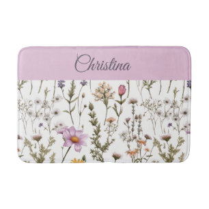 Tapis De Bain Monogramme de fleur sauvage rose violet