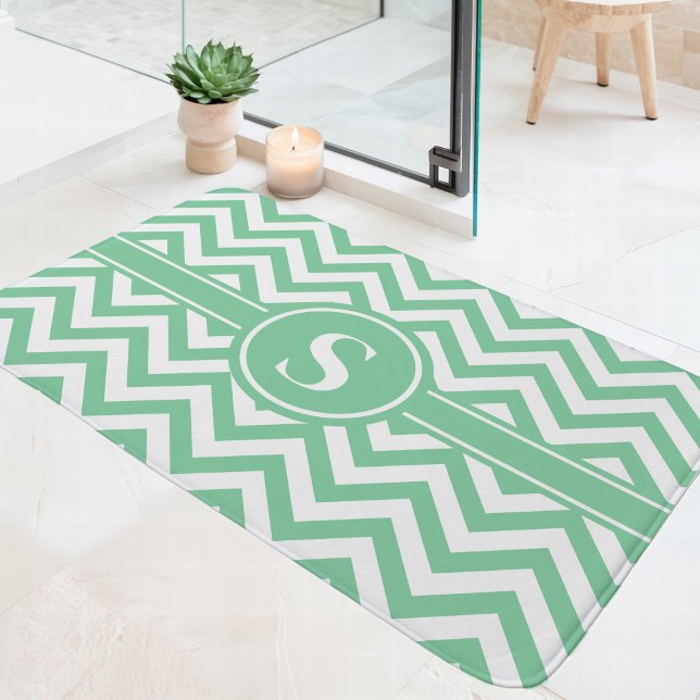 Tapis De Bain Monogramme de menthe vert et blanc (Créateur téléchargé)