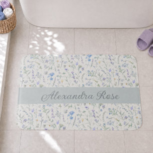 Tapis De Bain Monogramme de nom de fleur sauvage aquarelle bleu 
