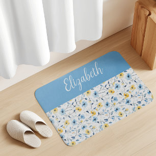 Tapis De Bain Monogramme de nom de fleur sauvage aquarelle bleue