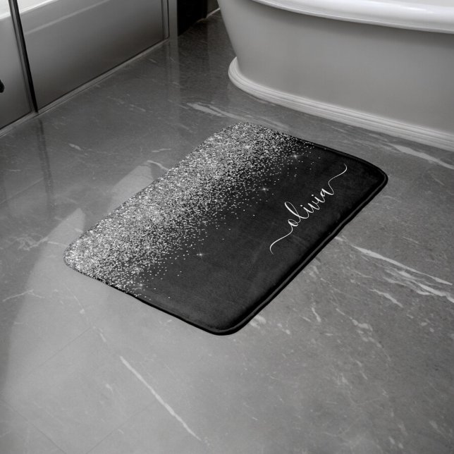 Tapis De Bain Monogramme de nom féminin écriture pailletée noir  (Créateur téléchargé)