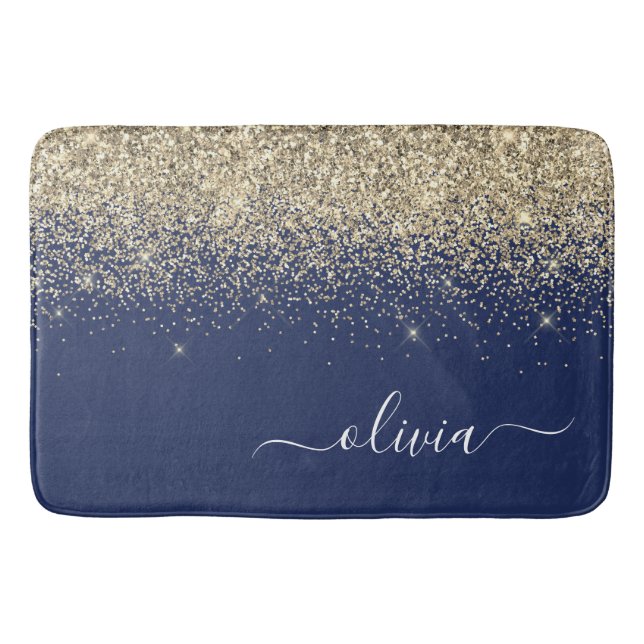 Tapis De Bain Monogramme de nom féminin pailleté bleu marine or (Devant)