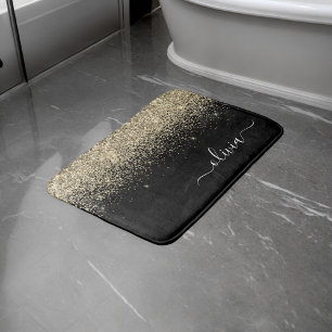 Tapis De Bain Monogramme de nom girly script pailleté or noir