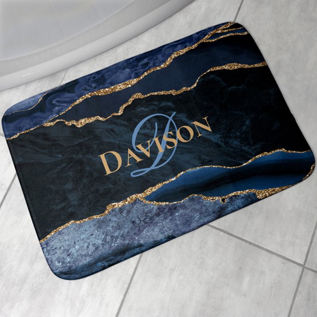 Tapis De Bain Monogramme de Parties scintillant d'or Marine Blue (Créateur téléchargé)