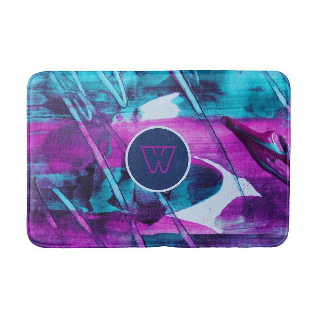 Tapis De Bain Monogramme de pinceau bleu rose Abstrait moderne (Devant)