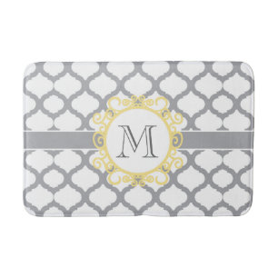 Tapis De Bain Monogramme de quadrefoil gris et jaune
