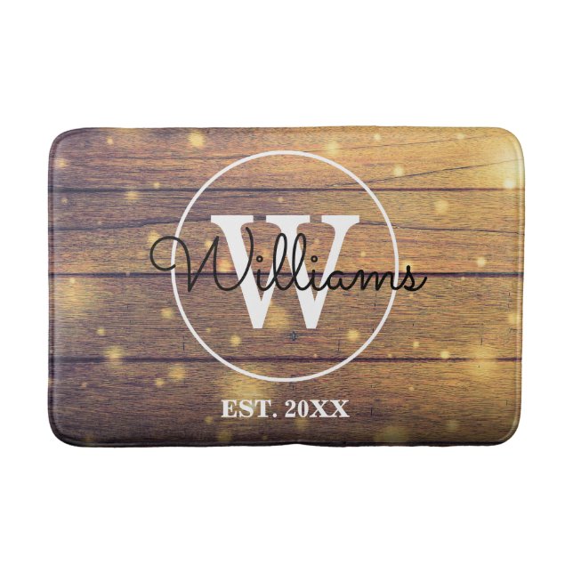 Tapis De Bain Monogramme de script en bois rustique (Devant)