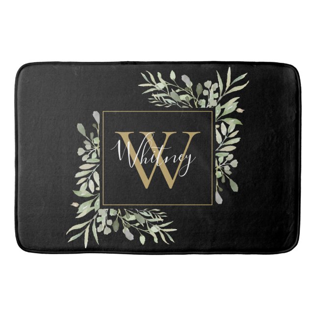 Tapis De Bain Monogramme de verdure en or noir Floral (Devant)