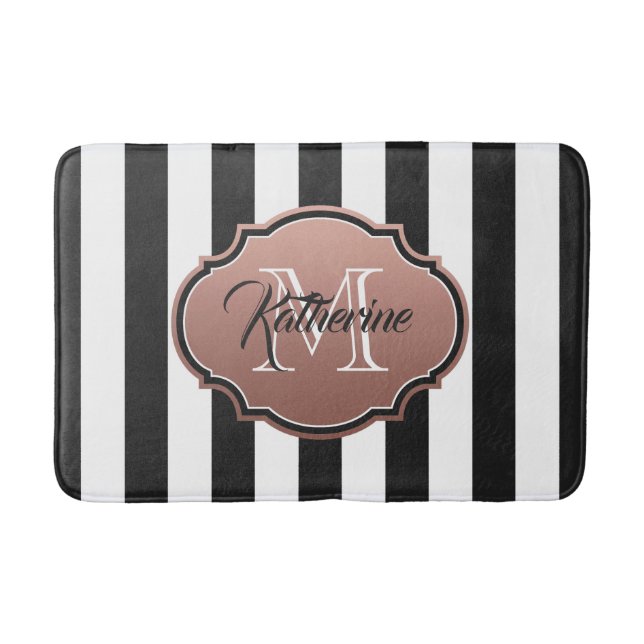 Tapis De Bain Monogramme des bandes noires et blanches (Devant)