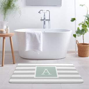 Tapis De Bain Monogramme des rayures de menthe et de gris Coul