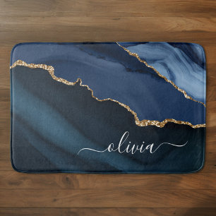 Tapis De Bain Monogramme doré de géode d'agate bleu marine