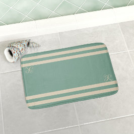 Tapis De Bain Monogramme élégant à rayures turquoise et crème