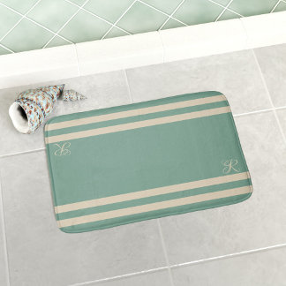 Tapis De Bain Monogramme élégant à rayures turquoise et crème