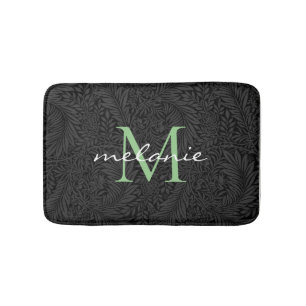 Tapis De Bain Monogramme élégant floral noir vert script
