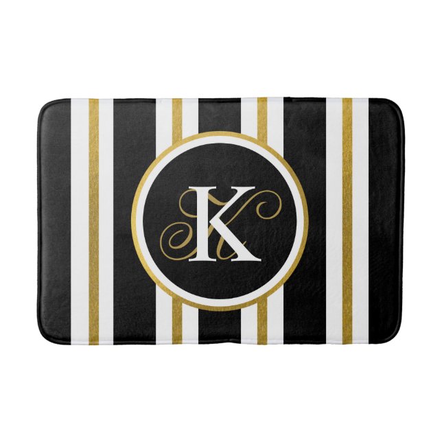 Tapis De Bain Monogramme Elégant Noir & Or Personnalisé (Devant)