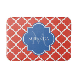 Tapis De Bain Monogramme et nom bleu Quatrefoil rouge tendance