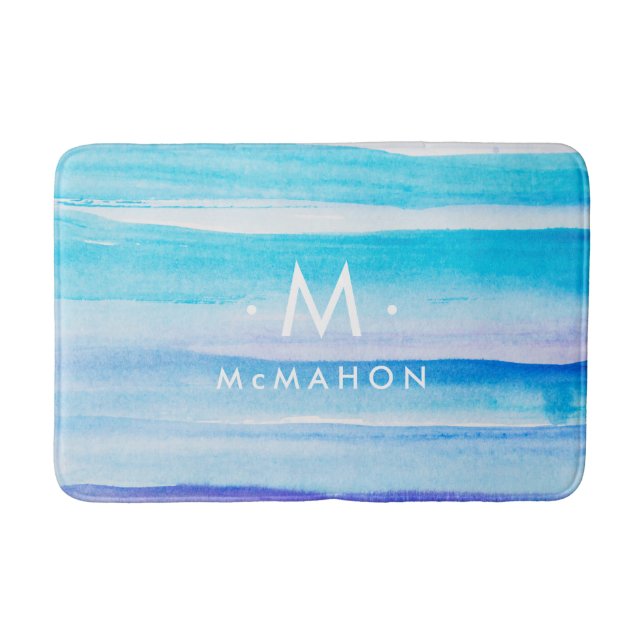 Tapis De Bain Monogramme et nom de famille bleus d'aquarelle (Devant)