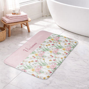Tapis De Bain Monogramme Fleur Sauvage Aquarelle Rose Vert