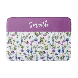 Tapis De Bain Monogramme Fleur Sauvage Aquarelle Violet Bleu