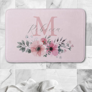 Tapis De Bain monogramme floral chic couleur rose pâle