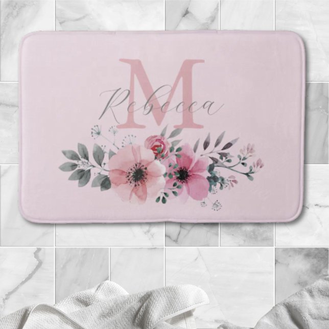 Tapis De Bain monogramme floral chic couleur rose pâle (chic blush pink watercolor floral monogram bath mat)