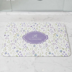 Tapis De Bain Monogramme floral personnalisé violet