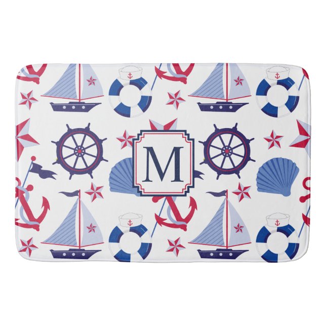 Tapis De Bain Monogramme marin bleu rouge (Devant)