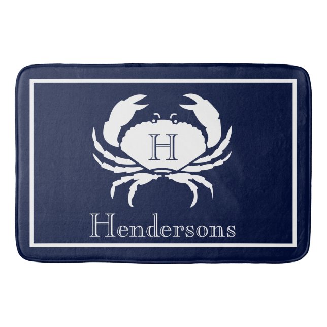 Tapis De Bain Monogramme Marine Bleu Crabe Blanc Nautique (Devant)
