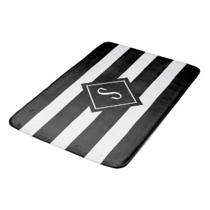 Tapis De Bain Monogramme minimaliste moderne noir blanc rayures