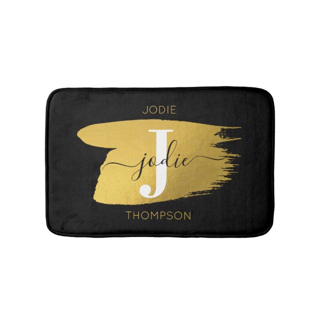 Tapis De Bain Monogramme moderne noir et or (Devant)